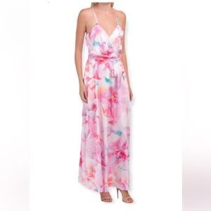 Nicole Miller Dress Floral Maxi Slip Long Sleeveless Satin Silky New Pink Small